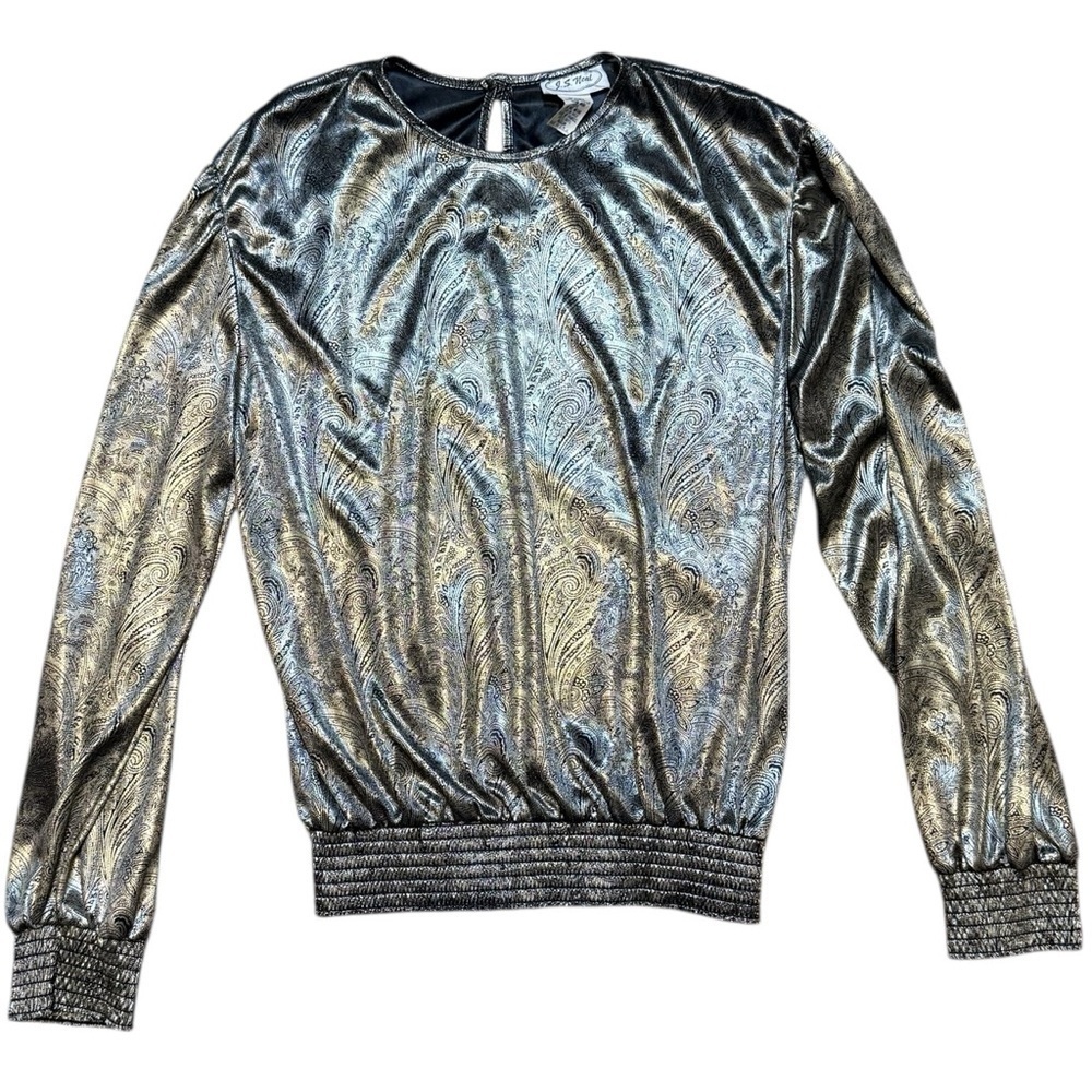 Vintage J.S. Neal Metallic Paisley Blouse Medium Made in USA Disco Shimmer Glam